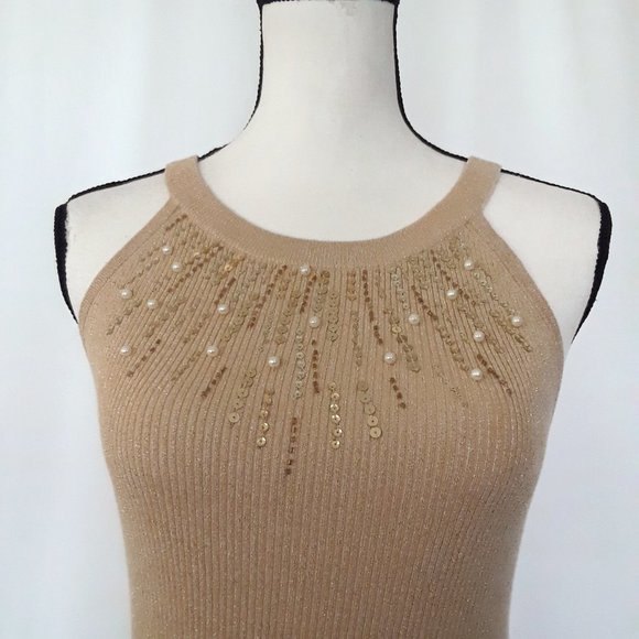 Vintage Y2K Cache Golden Tan Sleeveless Sequin Beaded Top - Picture 9 of 12